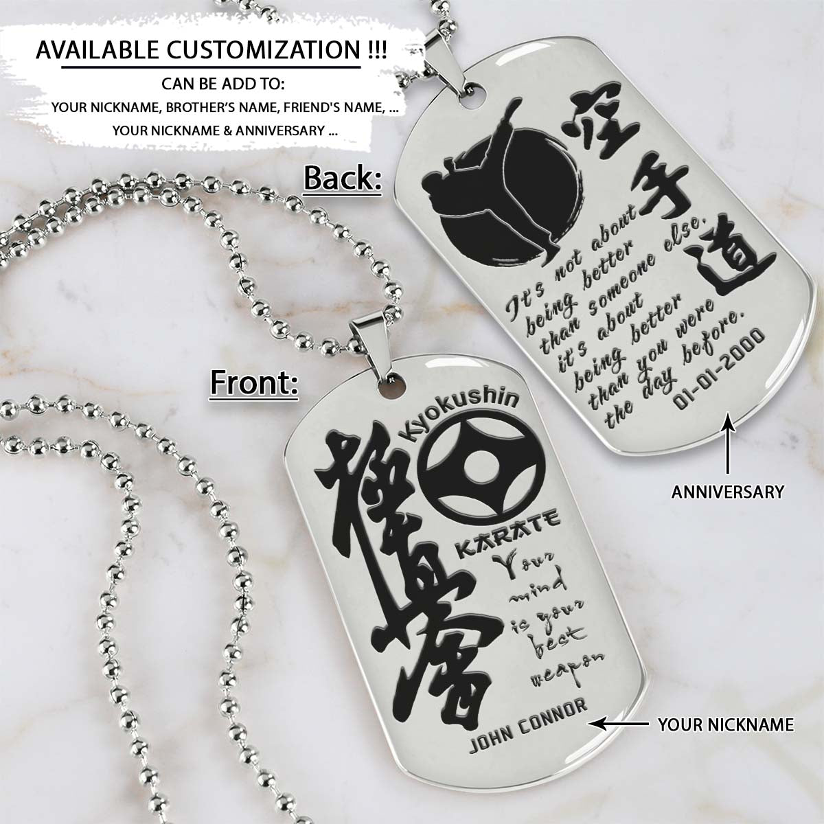 Karate Dog Tag - Your Mind Is Your Best Weapon - It's About Being Better Than You Were The Day Before - Kyokushin Karate - Karate Necklace - Engrave Dog Tag