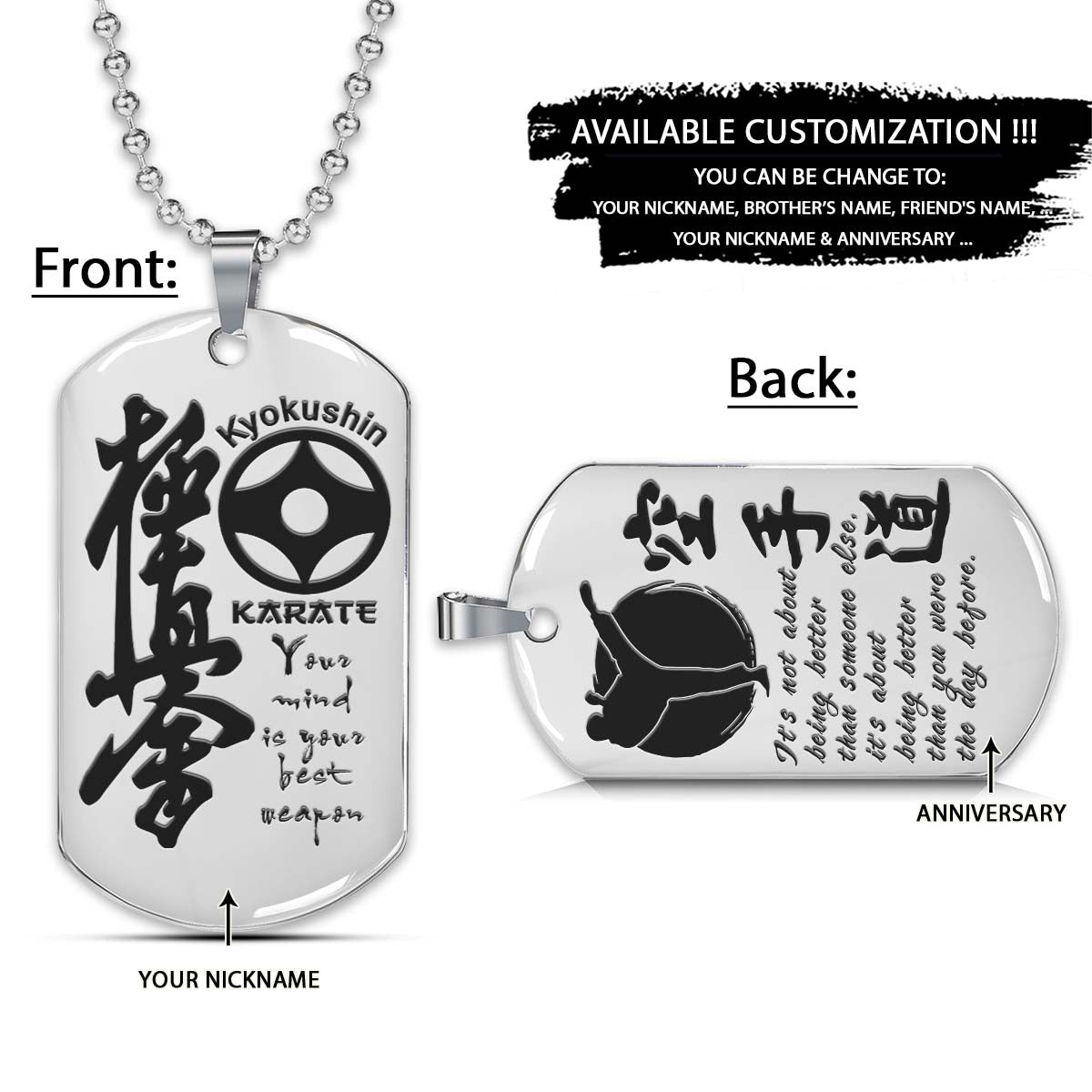 Karate Dog Tag - Your Mind Is Your Best Weapon - It's About Being Better Than You Were The Day Before - Kyokushin Karate - Karate Necklace - Engrave Dog Tag