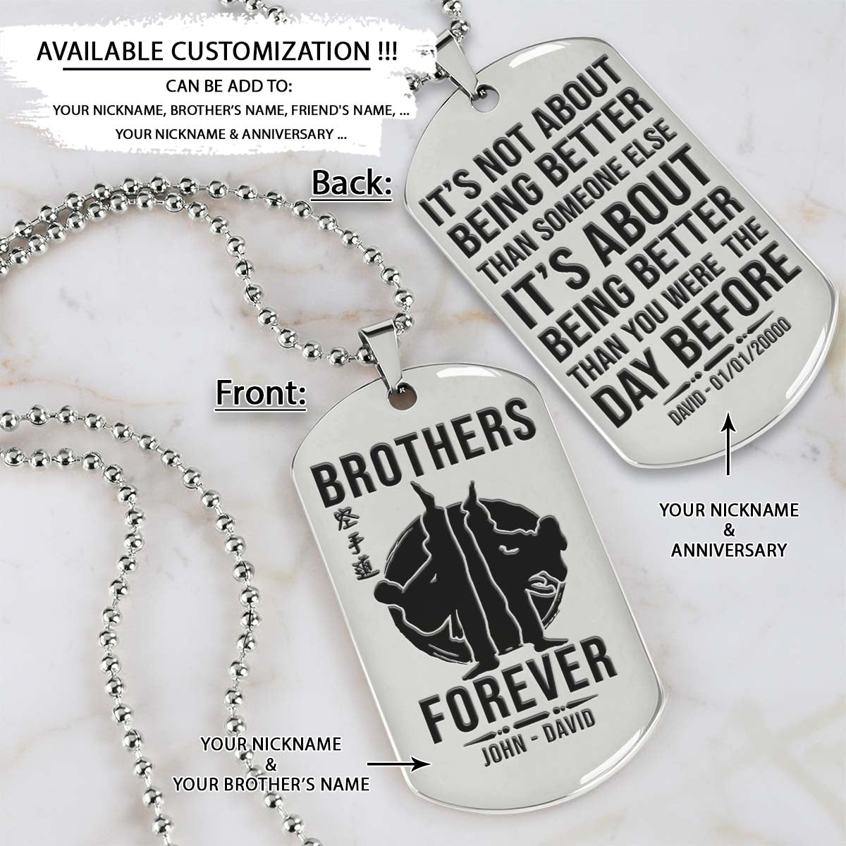 Karate Dog Tag - Brothers Forever - It's About Being Better Than You Were The Day Before - Karatedo - Shotokan - Kyokushin - Goju-ryu - Uechi-ryu - Wado-ryu - Shito-ryu - Karate Necklace - Engrave Dog Tag