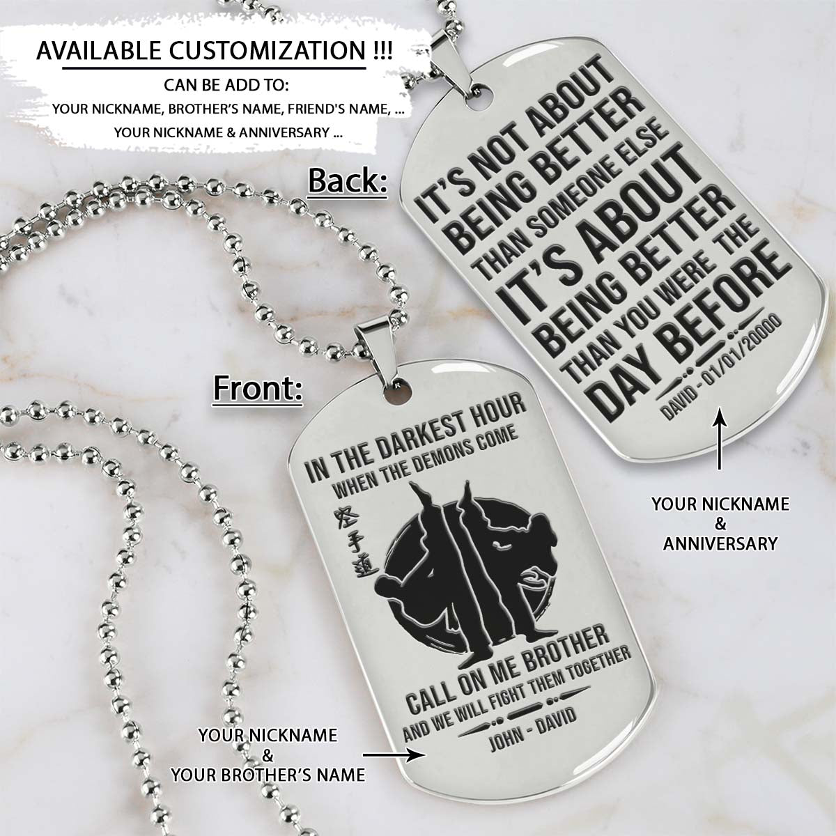 Karate Dog Tag - Call On Me Brother - It's About Being Better Than You Were The Day Before - Karatedo - Shotokan - Kyokushin - Goju-ryu - Uechi-ryu - Wado-ryu - Shito-ryu - Karate Necklace - Engrave Dog Tag