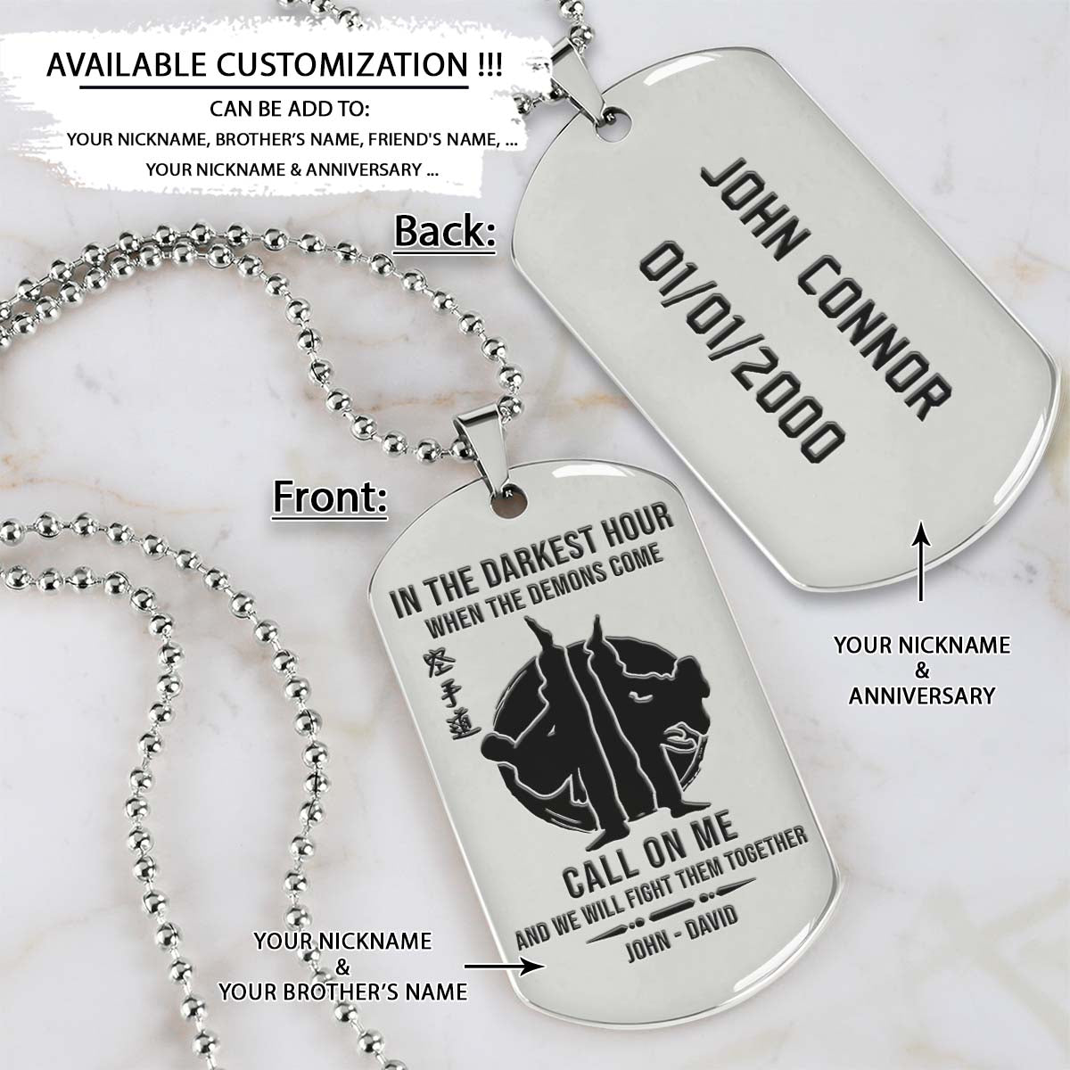 Karate Dog Tag - In The Darkest Hour - Karatedo - Shotokan - Kyokushin - Goju-ryu - Uechi-ryu - Wado-ryu - Shito-ryu - Karate Necklace - Engrave Dog Tag