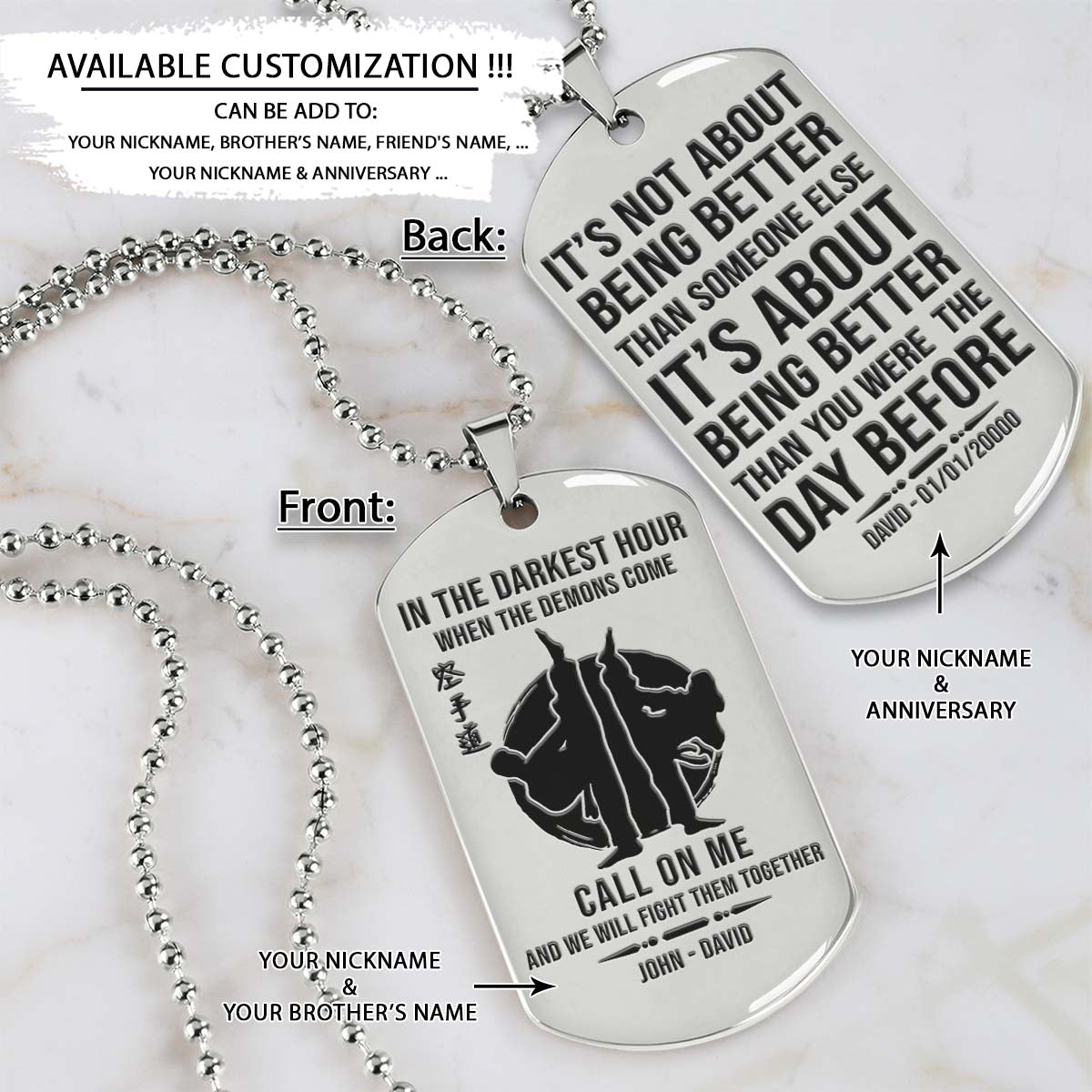 Karate Dog Tag - In The Darkest Hour - It's About Being Better Than You Were The Day Before - Karatedo - Shotokan - Kyokushin - Goju-ryu - Uechi-ryu - Wado-ryu - Shito-ryu - Karate Necklace - Engrave Dog Tag
