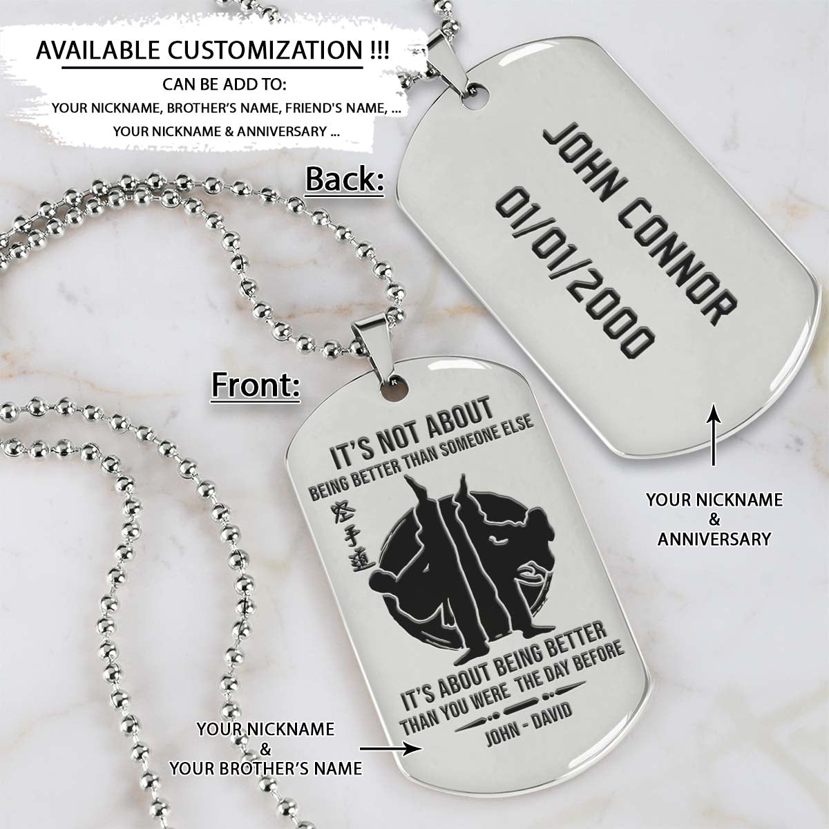 Karate Dog Tag - It's About Being Better Than You Were The Day Before - Karatedo - Shotokan - Kyokushin - Goju-ryu - Uechi-ryu - Wado-ryu - Shito-ryu - Karate Necklace - Engrave Dog Tag