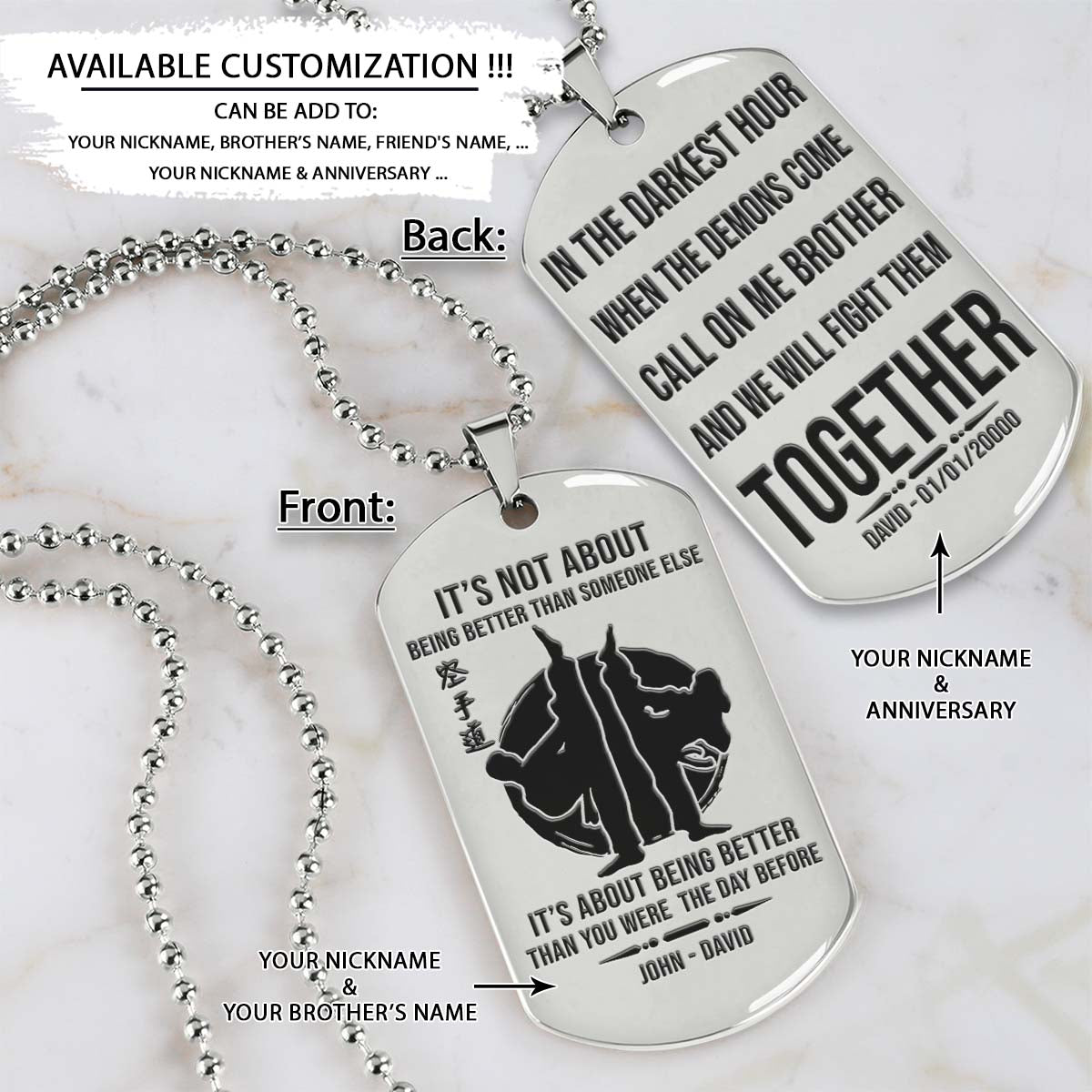 Karate Dog Tag - Call On Me Brother - It's About Being Better Than You Were The Day Before - Karatedo - Shotokan - Kyokushin - Goju-ryu - Uechi-ryu - Wado-ryu - Shito-ryu - Karate Necklace - Engrave Dog Tag