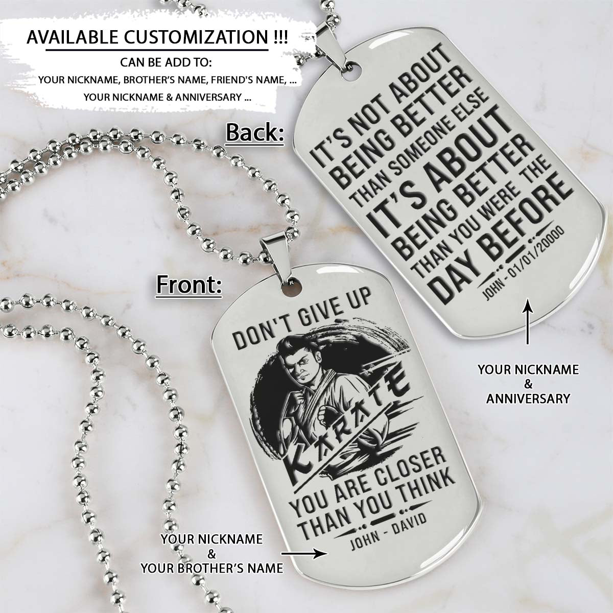 Karate Dog Tag - It's Don't Give Up - It's About Being Better Than You Were The Day Before - Karate Necklace - Engrave Dog Tag