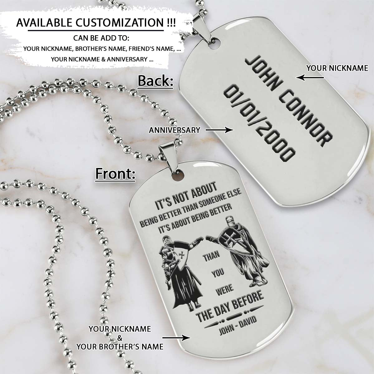 Knight Templar Dog Tag - It's About Being Better Than You Were The Day Before - Crusades - Chivalry - Religious Zeal - Templar Wealth - Mysterious Legacy - Knight Templar Necklace - Engrave Dog Tag
