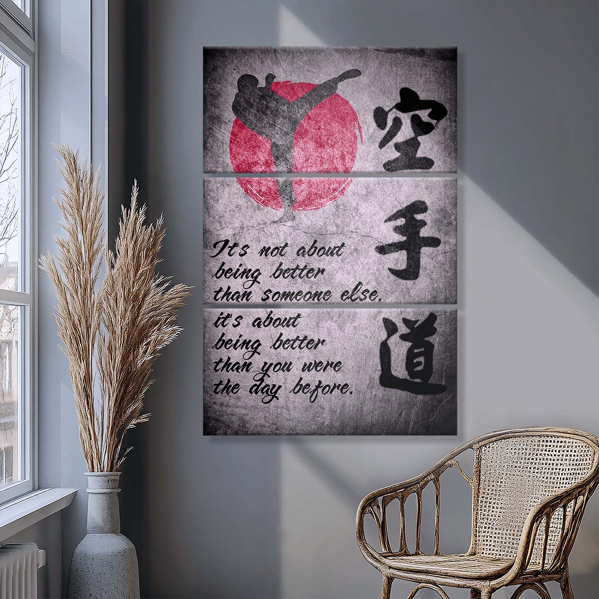 Karate - 3 Piece Wall Art - KA010 - It's About Being Better Than You Were The Day Before - Karate Kanji - Karate Canvas