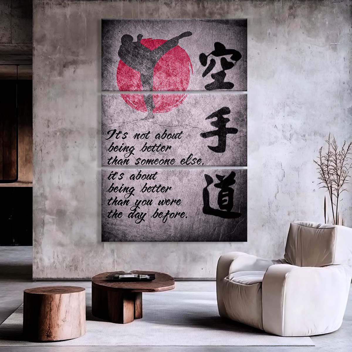 Karate - 3 Piece Wall Art - KA010 - It's About Being Better Than You Were The Day Before - Karate Kanji - Karate Canvas