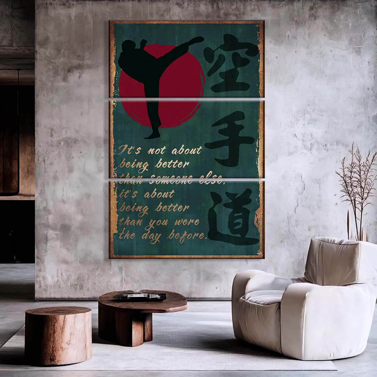 Karate - 3 Piece Wall Art - KA044 - It's About Being Better Than You Were The Day Before - Karate Kanji - Karate Canvas