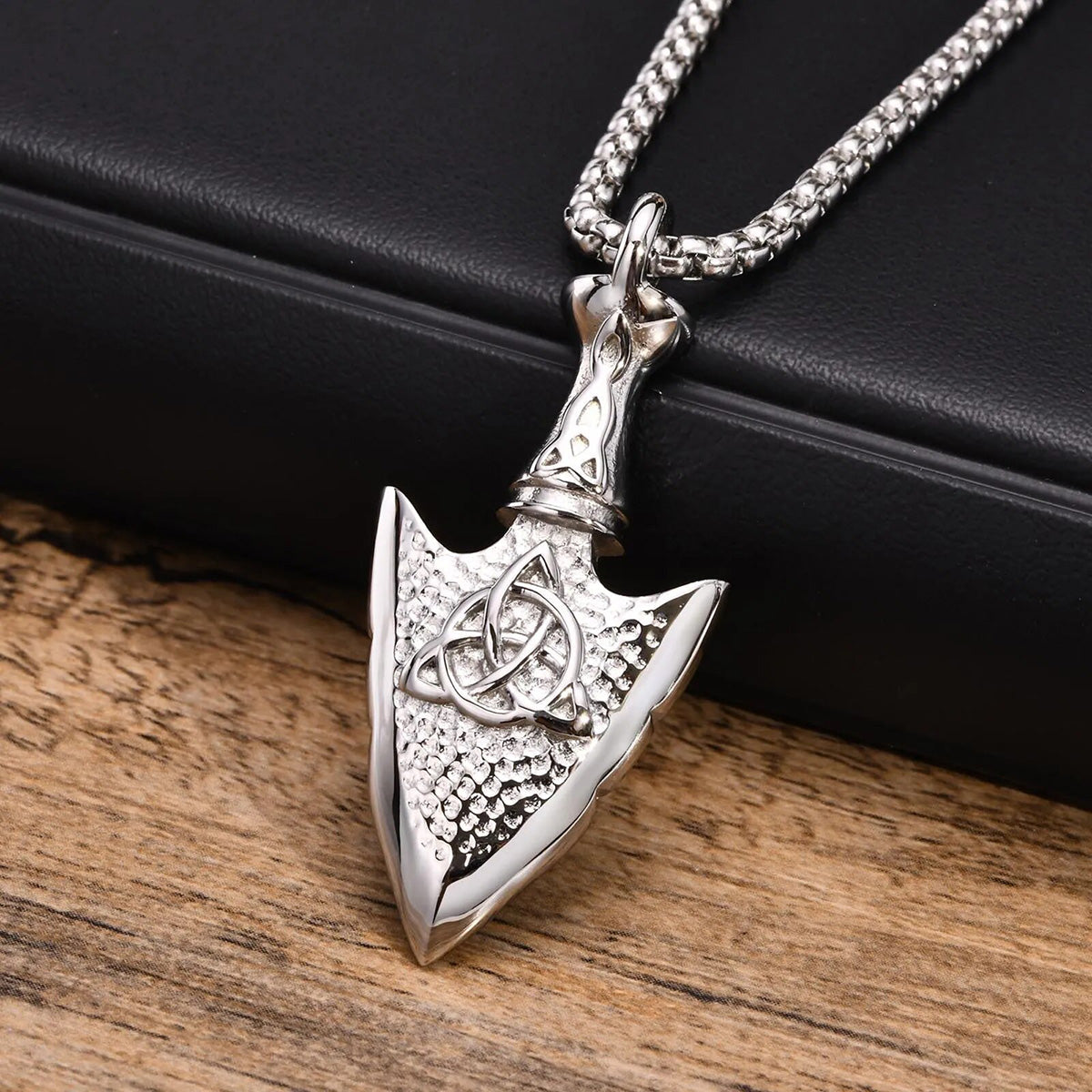 Viking - Mens Hammered Arrow Necklaces, Nordic Viking Celtic Knot Pendant with Box Chain, Protection Amulet Jewelry