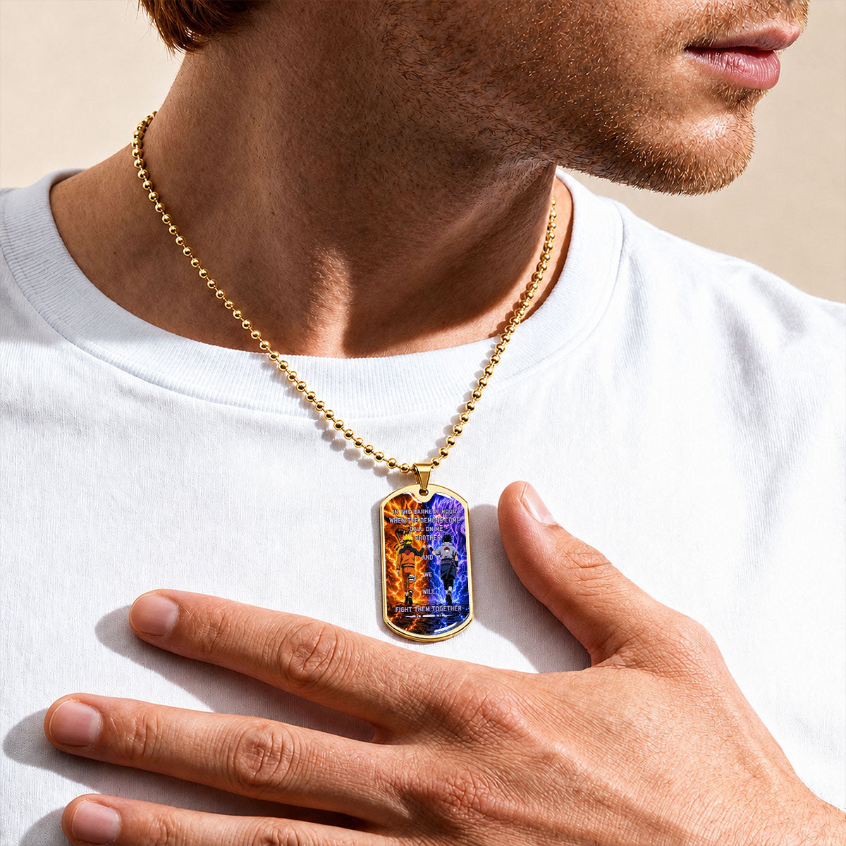 Naruto Dog Tag Necklace - NADL005 - Naruto Uzumaki - Sasuke Uchiha - Call On Me Brother - Military Ball Chain