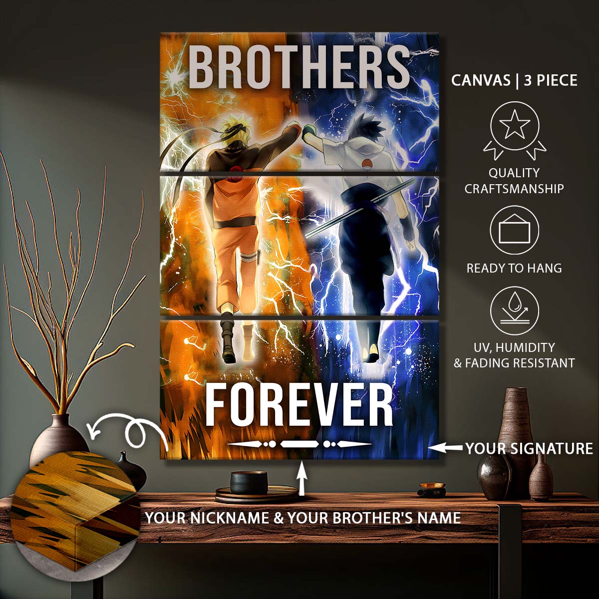 Naruto - 3 Piece Wall Art - NA003 - Brothers Forever - Uzumaki Naruto - Uchiha Sasuke - Naruto Canvas