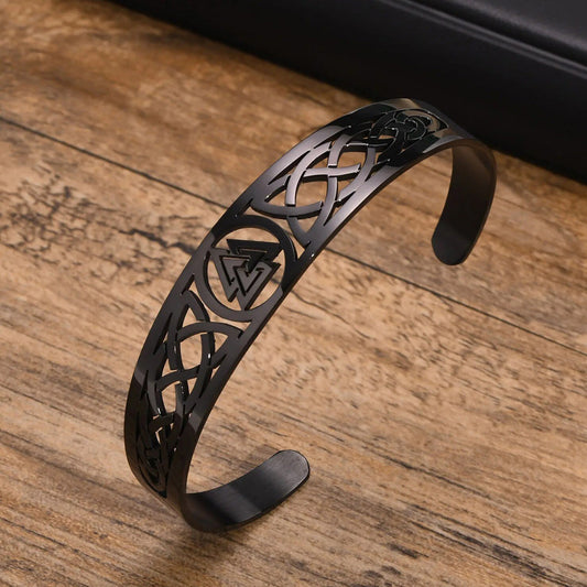 Viking - Nordic Viking Knot Bracelets for Men, Black Silver Color Hollow Stainless Steel Cuff Bangle, Amulet Protection Wristband