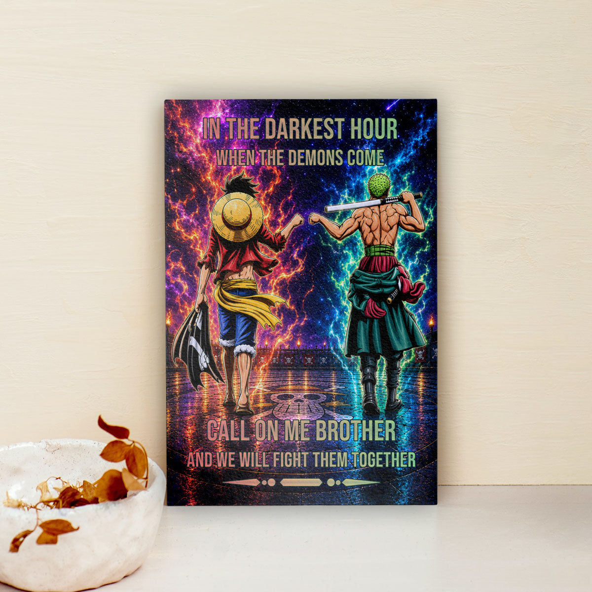 One Piece Luffy Zoro Canvas Wall Art - Call On Me Brother - Brotherhood Quote Poster & Framed Ready to Hang Living Room Man Cave Decor - OP006