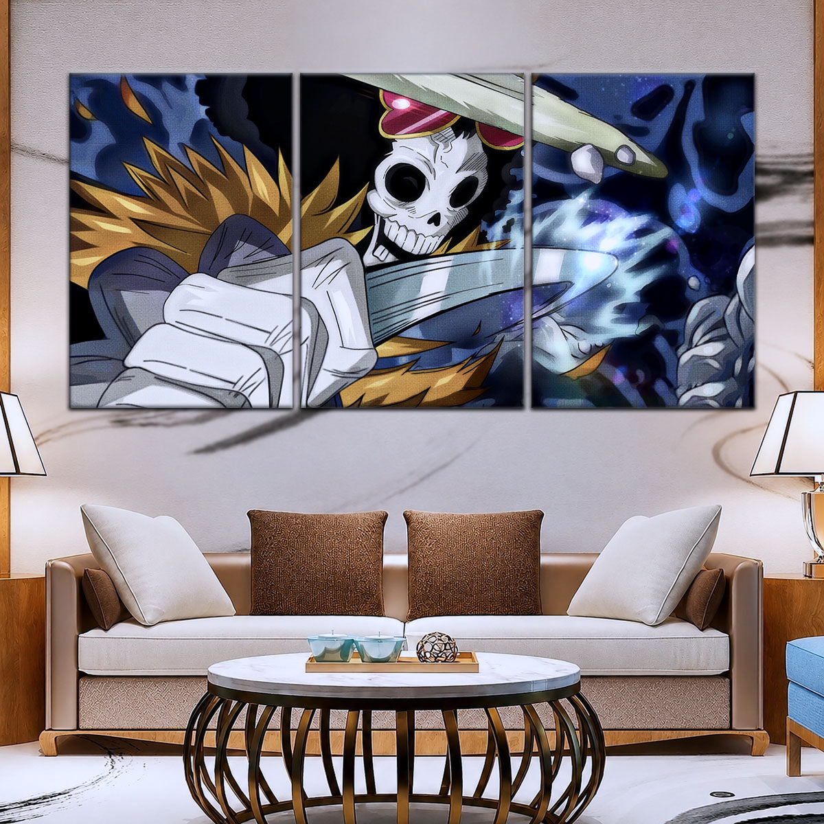 One Piece Canvas Wall Art - Brook "Soul King" 5 Piece Split Panel Anime Poster - Framed Ready to Hang Living Room & Man Cave Decor - OP5004