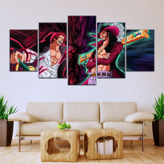 One Piece Canvas Wall Art - Mihawk vs Shanks 5 Piece Split Panel Anime Poster - Framed Ready to Hang Living Room & Man Cave Decor - OP5021