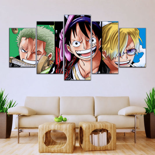 One Piece Canvas Wall Art - Monster Trio Luffy Gear 5, Zoro & Sanji 5 Piece Split Panel Anime Poster - Framed Ready to Hang Living Room & Man Cave Decor - OP5029