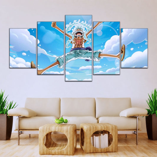 One Piece Canvas Wall Art - Monkey D. Luffy 5 Piece Split Panel Anime Poster - Framed Ready to Hang Living Room & Man Cave Decor - OP5031