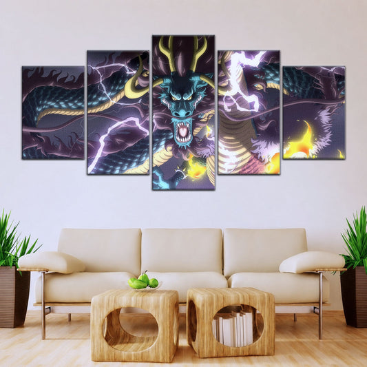 One Piece Canvas Wall Art - Kaido Thunderstorm 5 Piece Split Panel Anime Poster - Framed Ready to Hang Living Room & Man Cave Decor - OP5035