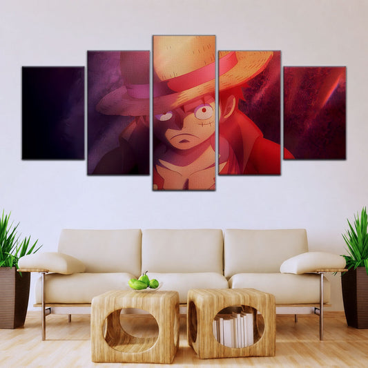 One Piece Canvas Wall Art - Monkey D. Luffy 5 Piece Split Panel Anime Poster - Framed Ready to Hang Living Room & Man Cave Decor - OP5036