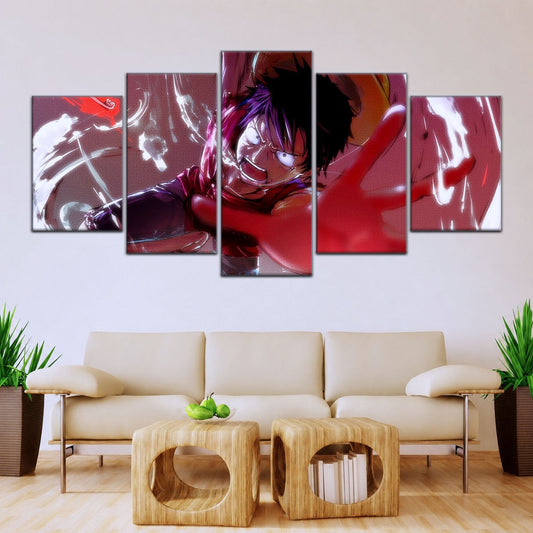 One Piece Canvas Wall Art - Luffy's Fierce Reach 5 Piece Split Panel Anime Poster - Framed Ready to Hang Living Room & Man Cave Decor - OP5037