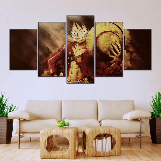 One Piece Canvas Wall Art - Monkey D. Luffy 5 Piece Split Panel Anime Poster - Framed Ready to Hang Living Room & Man Cave Decor - OP5038