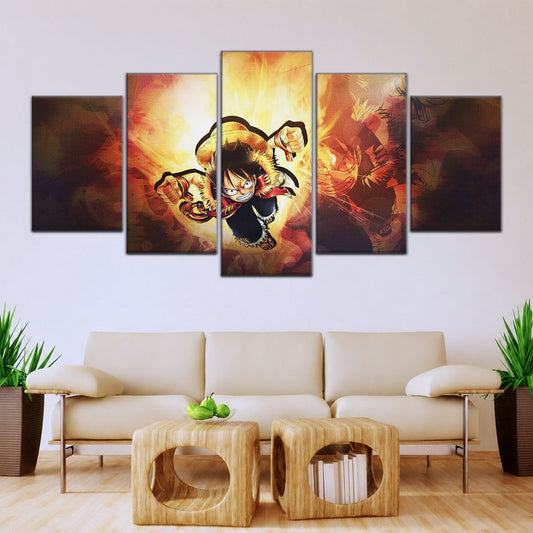 One Piece Canvas Wall Art - Monkey D. Luffy 5 Piece Split Panel Anime Poster - Framed Ready to Hang Living Room & Man Cave Decor - OP5039