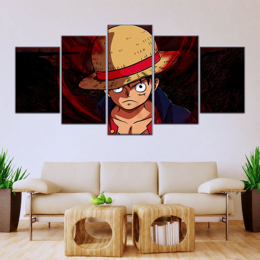 One Piece Canvas Wall Art - Monkey D. Luffy 5 Piece Split Panel Anime Poster - Framed Ready to Hang Living Room & Man Cave Decor - OP5040