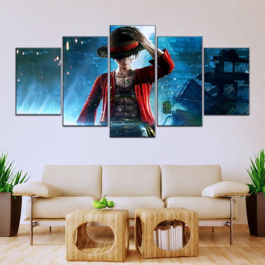 One Piece Canvas Wall Art - Monkey D. Luffy 5 Piece Split Panel Anime Poster - Framed Ready to Hang Living Room & Man Cave Decor - OP5043