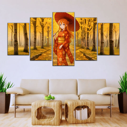 One Piece Canvas Wall Art - Nami Cat Burglar 5 Piece Split Panel Anime Poster - Framed Ready to Hang Living Room & Man Cave Decor - OP5053