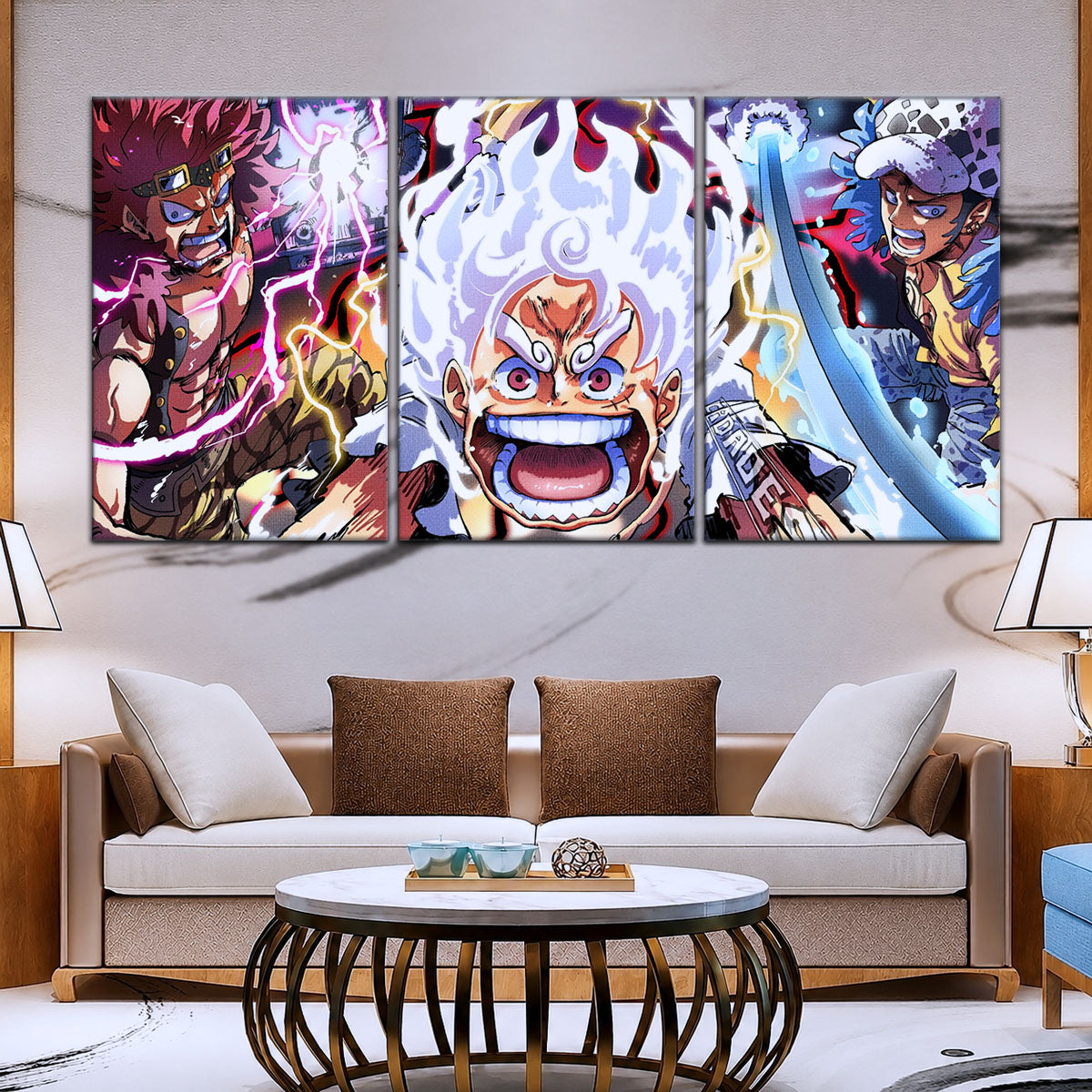 One Piece Canvas Wall Art - Luffy Gear 5, Law & Kid 5 Piece Split Panel Anime Poster - Framed Ready to Hang Living Room & Man Cave Decor - OP5058