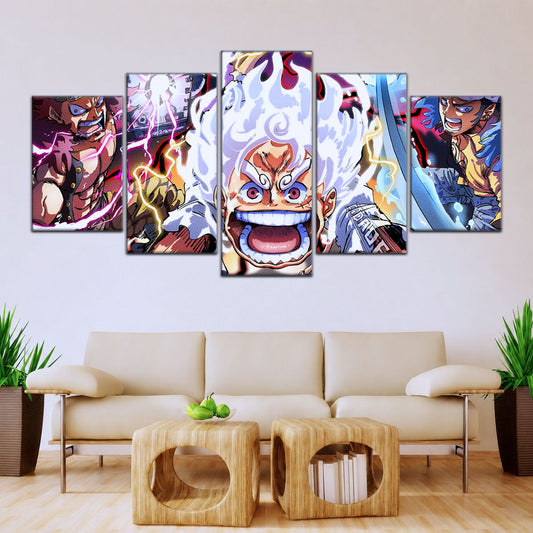 One Piece Canvas Wall Art - Luffy Gear 5, Law & Kid 5 Piece Split Panel Anime Poster - Framed Ready to Hang Living Room & Man Cave Decor - OP5058