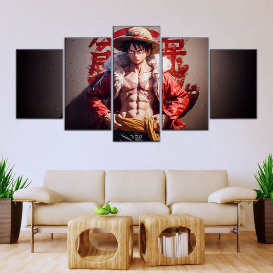 One Piece Canvas Wall Art - Monkey D. Luffy 5 Piece Split Panel Anime Poster - Framed Ready to Hang Living Room & Man Cave Decor - OP5060