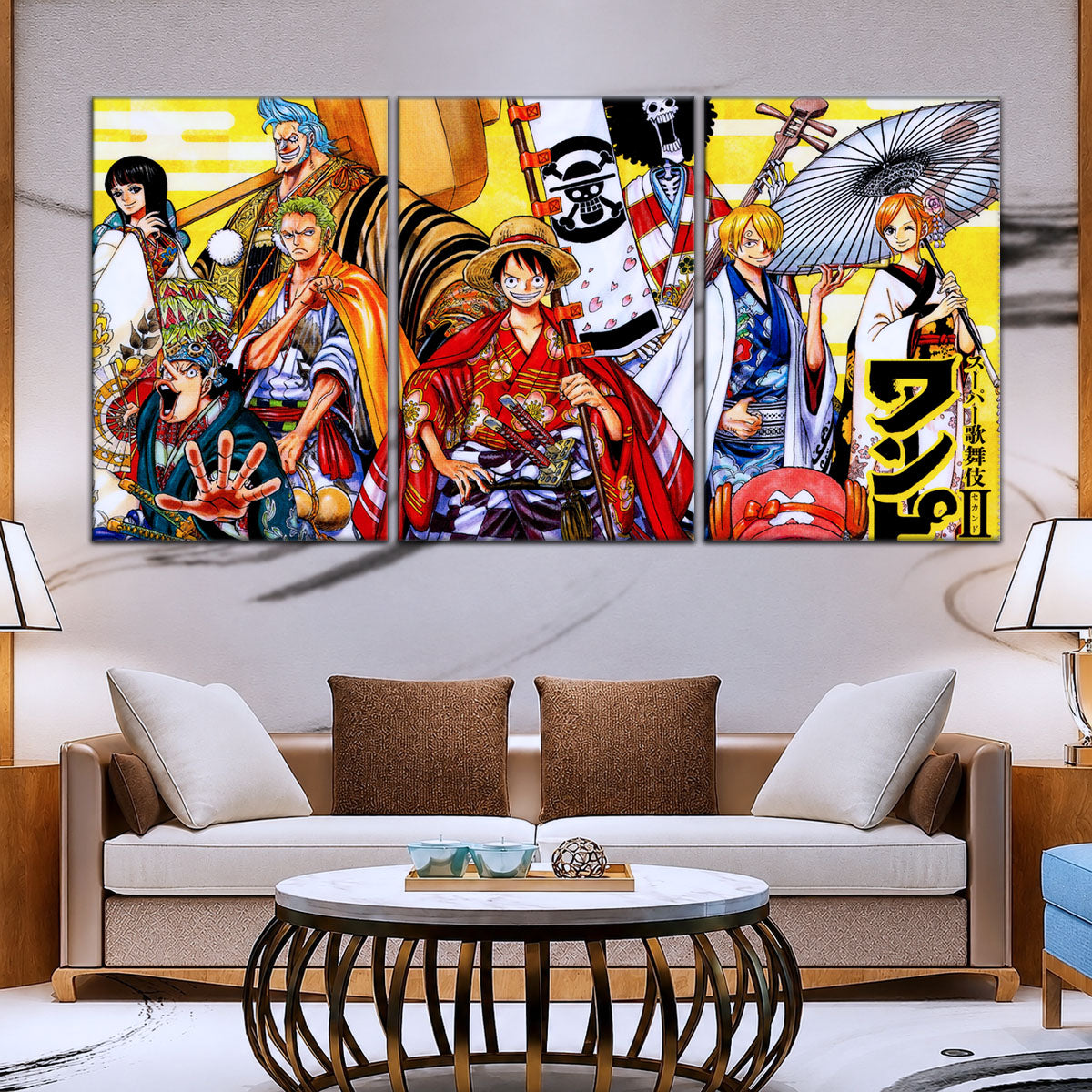 One Piece Canvas Wall Art - Straw Hat Crew featuring Luffy & Zoro 5 Piece Split Panel Anime Poster - Framed Ready to Hang Living Room & Man Cave Decor - OP5063