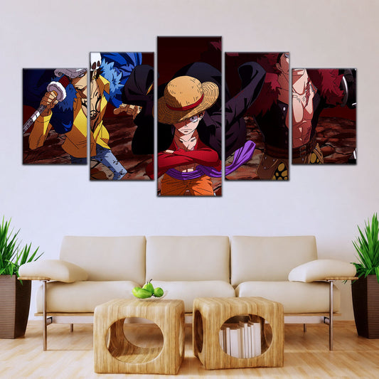 One Piece Canvas Wall Art - Luffy, Law & Kid 5 Piece Split Panel Anime Poster - Framed Ready to Hang Living Room & Man Cave Decor - OP5066
