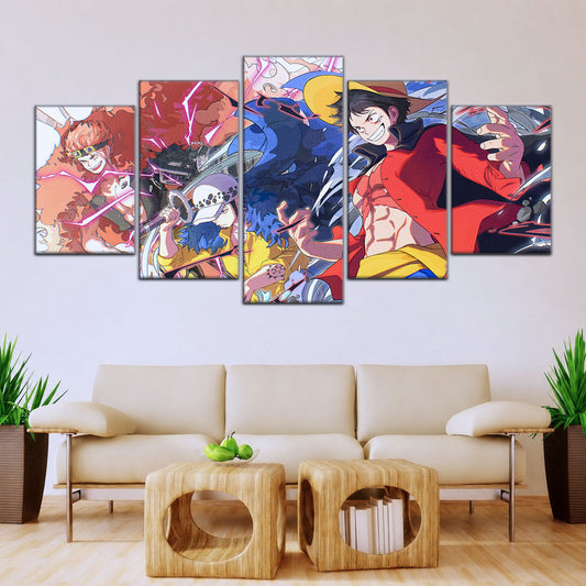 One Piece Canvas Wall Art - Luffy, Law & Kid 5 Piece Split Panel Anime Poster - Framed Ready to Hang Living Room & Man Cave Decor - OP5068