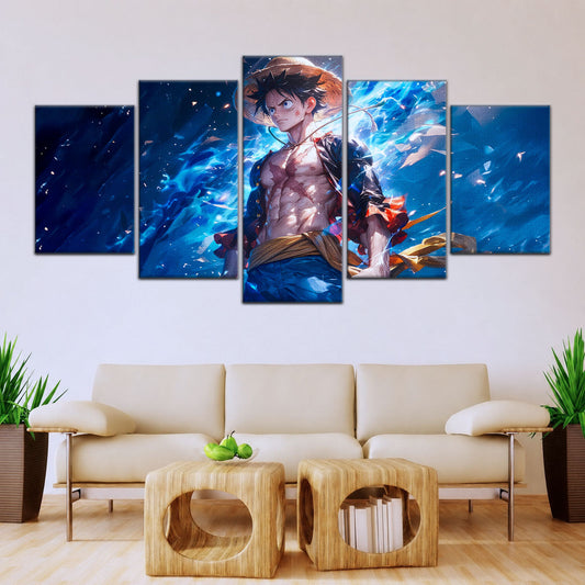 One Piece Canvas Wall Art - Monkey D. Luffy 5 Piece Split Panel Anime Poster - Framed Ready to Hang Living Room & Man Cave Decor - OP5071