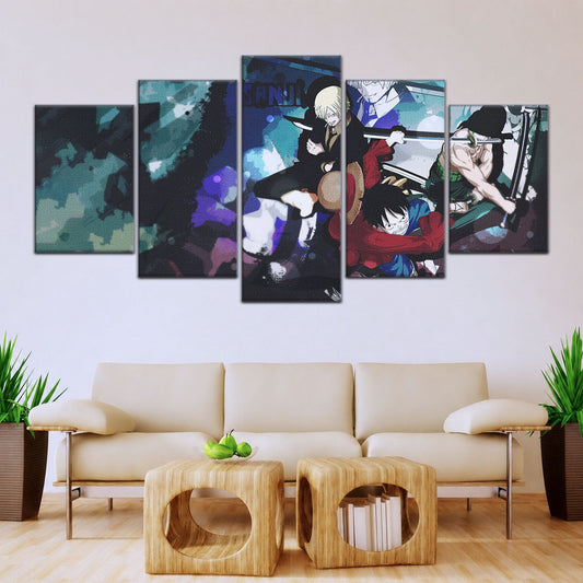 One Piece Canvas Wall Art - Monster Trio Luffy, Zoro & Sanji 5 Piece Split Panel Anime Poster - Framed Ready to Hang Living Room & Man Cave Decor - OP5074