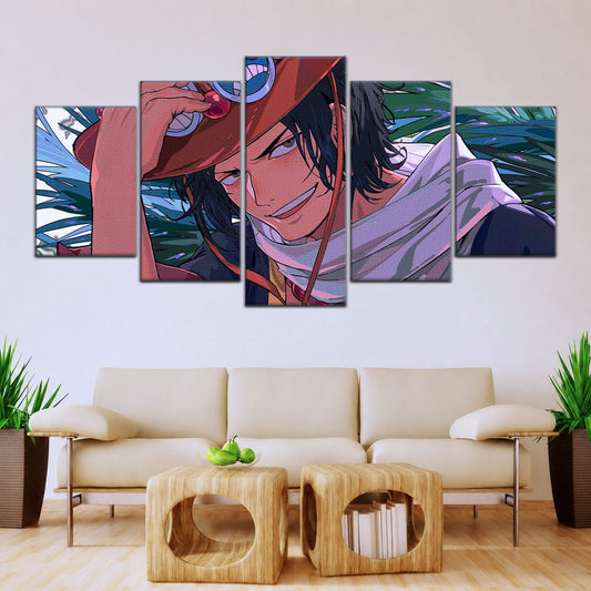 One Piece Canvas Wall Art - Portgas D. Ace Fire Fist 5 Piece Split Panel Anime Poster - Framed Ready to Hang Living Room & Man Cave Decor - OP5075