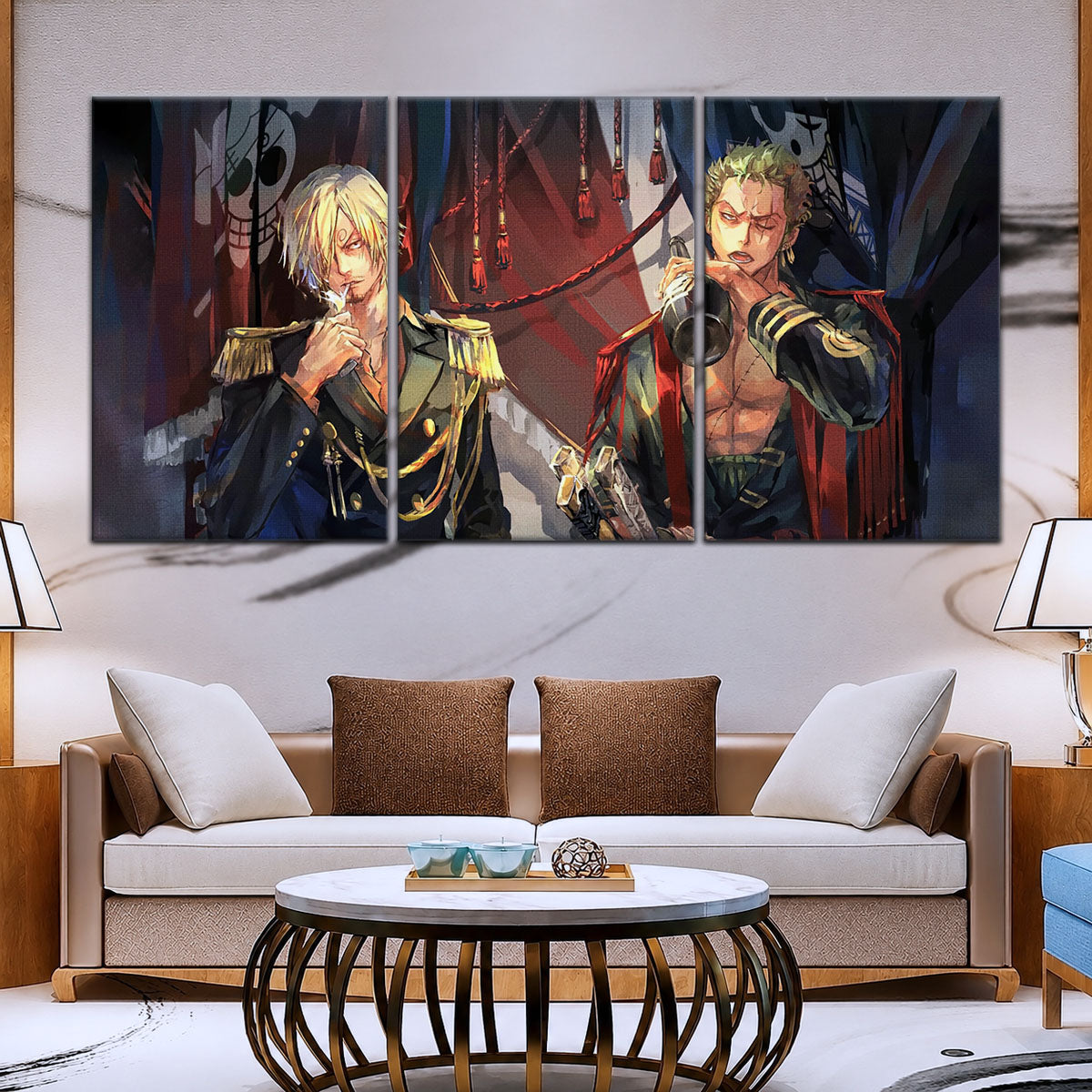 One Piece Canvas Wall Art - Roronoa Zoro Three Sword Style & Sanji 5 Piece Split Panel Anime Poster - Framed Ready to Hang Living Room & Man Cave Decor - OP5078