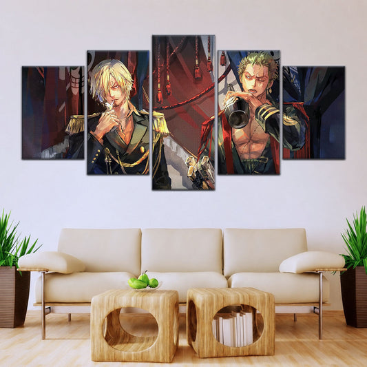 One Piece Canvas Wall Art - Roronoa Zoro Three Sword Style & Sanji 5 Piece Split Panel Anime Poster - Framed Ready to Hang Living Room & Man Cave Decor - OP5078