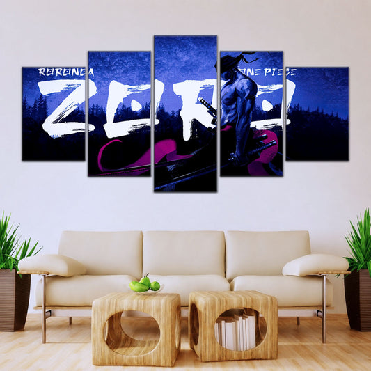 One Piece Canvas Wall Art - Roronoa Zoro Three Sword Style 5 Piece Split Panel Anime Poster - Framed Ready to Hang Living Room & Man Cave Decor - OP5079