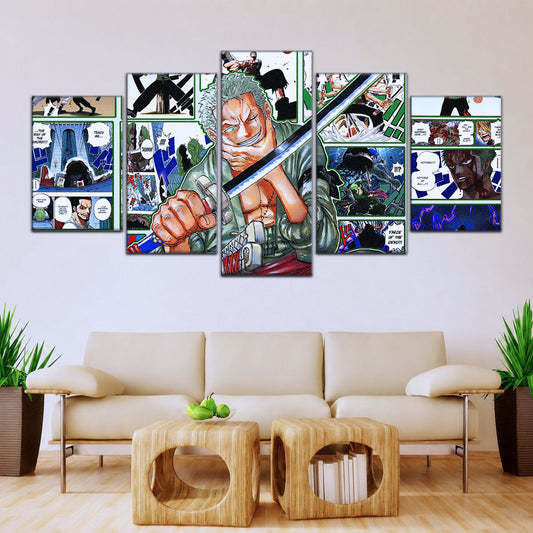 One Piece Canvas Wall Art - Roronoa Zoro Three Sword Style 5 Piece Split Panel Anime Poster - Framed Ready to Hang Living Room & Man Cave Decor - OP5080