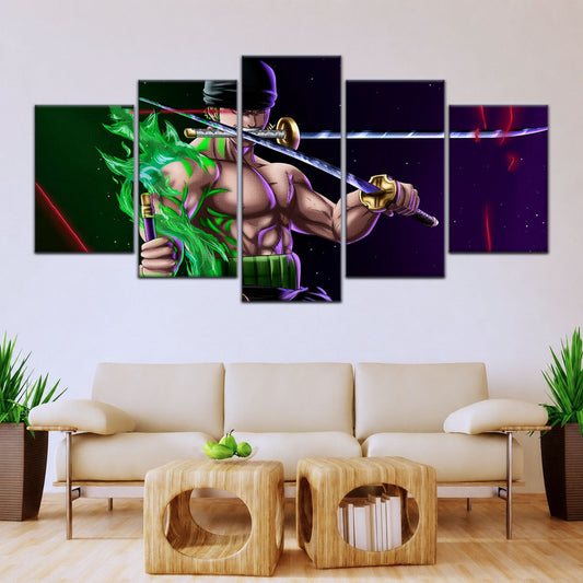 One Piece Canvas Wall Art - Roronoa Zoro Three Sword Style 5 Piece Split Panel Anime Poster - Framed Ready to Hang Living Room & Man Cave Decor - OP5081