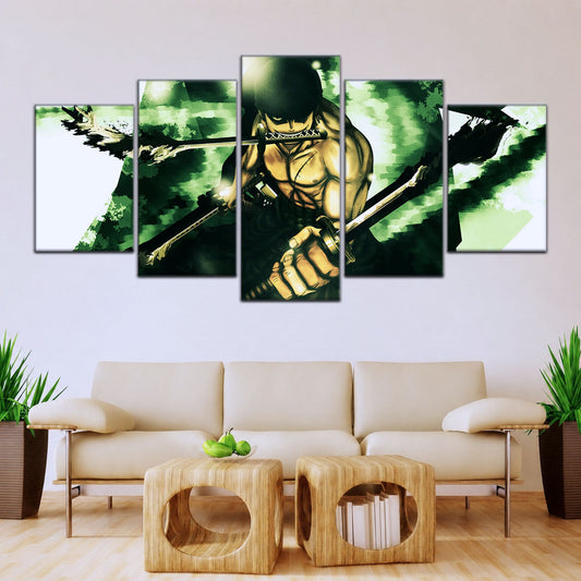 One Piece Canvas Wall Art - Roronoa Zoro Three Sword Style 5 Piece Split Panel Anime Poster - Framed Ready to Hang Living Room & Man Cave Decor - OP5085