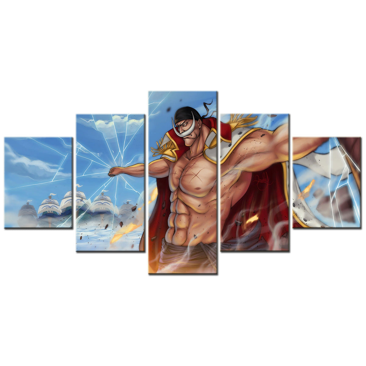 One Piece Canvas Wall Art - Edward Newgate 5 Piece Split Panel Anime Poster - Framed Ready to Hang Living Room & Man Cave Decor - OP5098