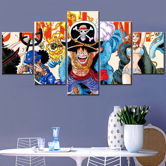 One Piece Canvas Wall Art - Monkey D. Luffy, Nami & Sabo 5 Piece Split Panel Anime Poster - Framed Ready to Hang Living Room & Man Cave Decor - OP5100