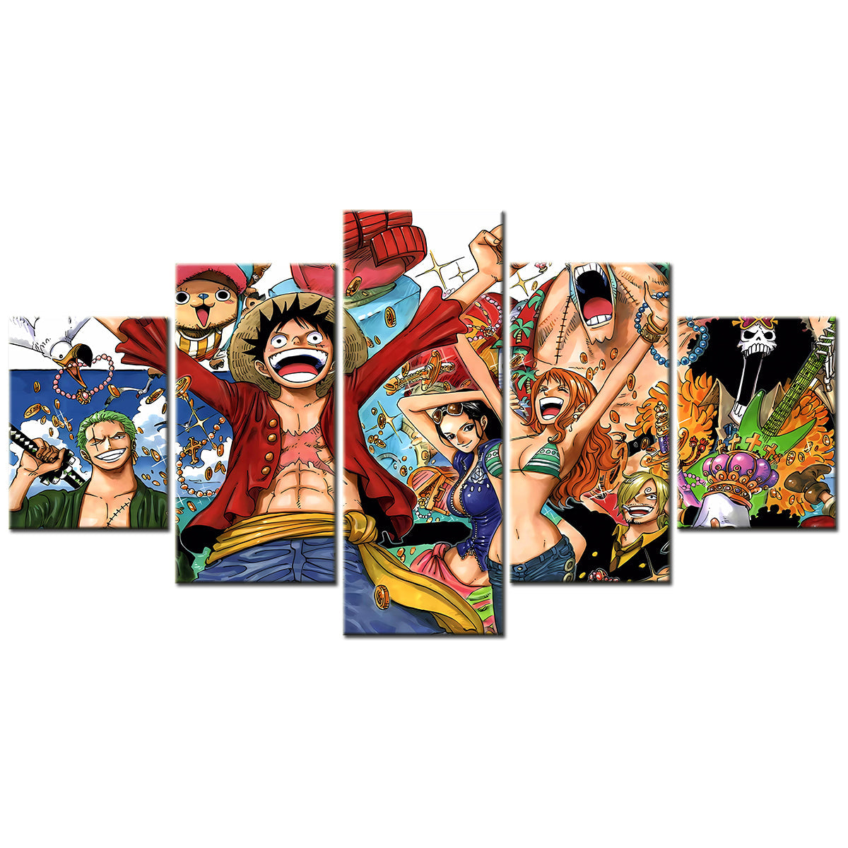 One Piece Canvas Wall Art - Luffy Zoro Nami Robin 5 Piece Split Panel Anime Poster - Framed Ready to Hang Living Room & Man Cave Decor - OP5106