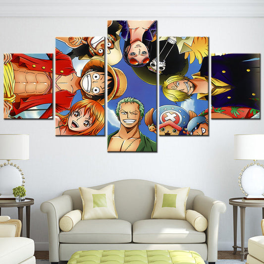 One Piece Canvas Wall Art - Luffy Zoro Sanji Straw Hat Crew 5 Piece Split Panel Anime Poster - Framed Ready to Hang Living Room & Man Cave Decor - OP5110