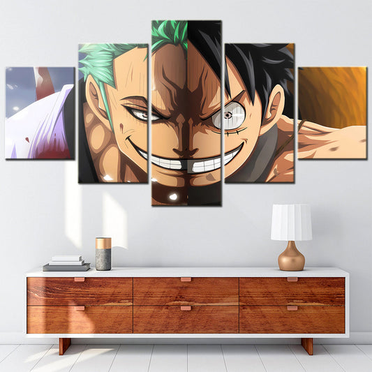One Piece Canvas Wall Art - Luffy & Zoro Three Sword Style 5 Piece Split Panel Anime Poster - Framed Ready to Hang Living Room & Man Cave Decor - OP5112